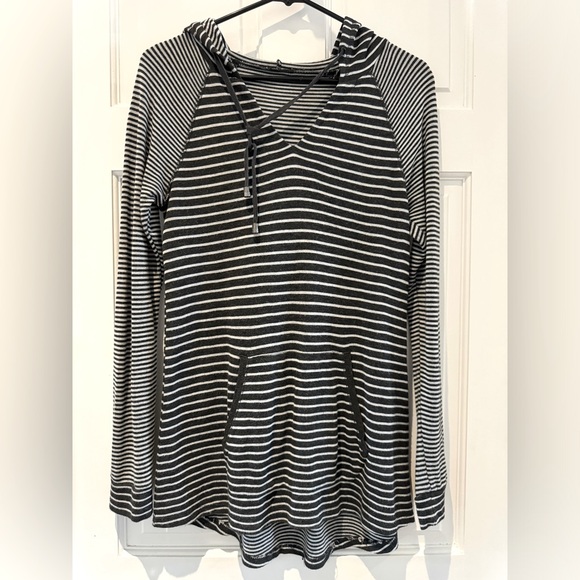 James Perse Grey Striped Hooded Pullover Hi-Low Hem & Kangaroo Pocket - Size S - Picture 10 of 14